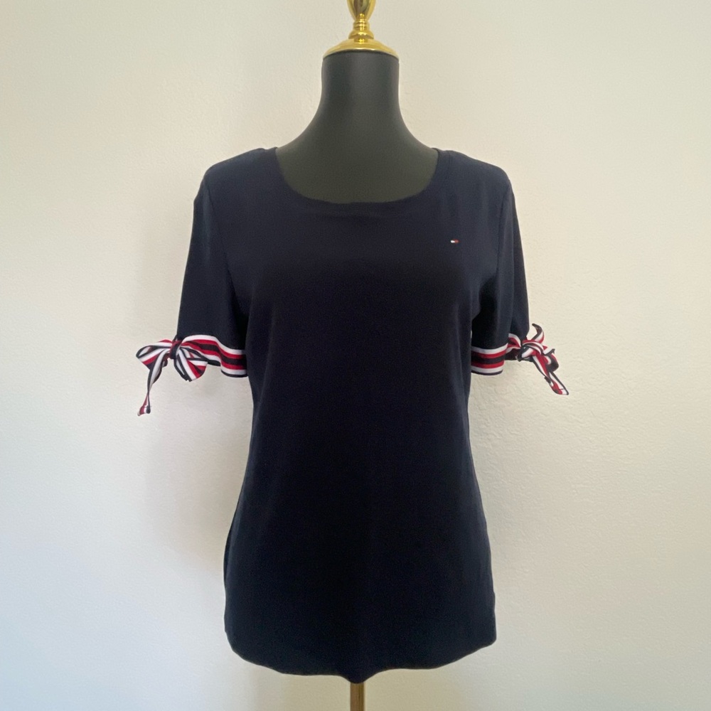 Tommy Hilfiger Navy Blue Short Sleeve Top with Ribbon Accents